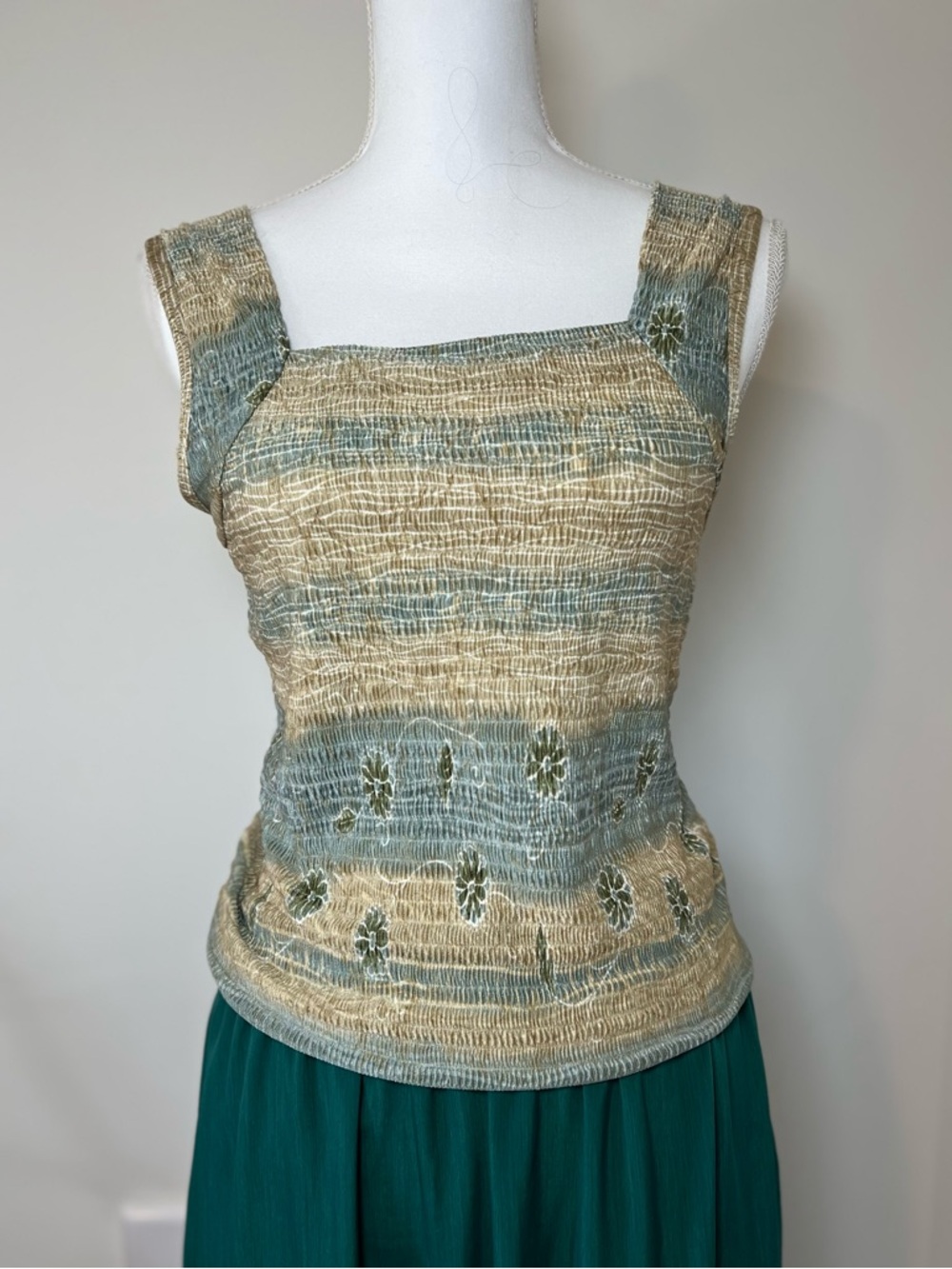 Pleat Pleat Vintage 90s/Y2K Green Floral Tank Teal Tie Dye Boho Hippie Core 🌿🌀